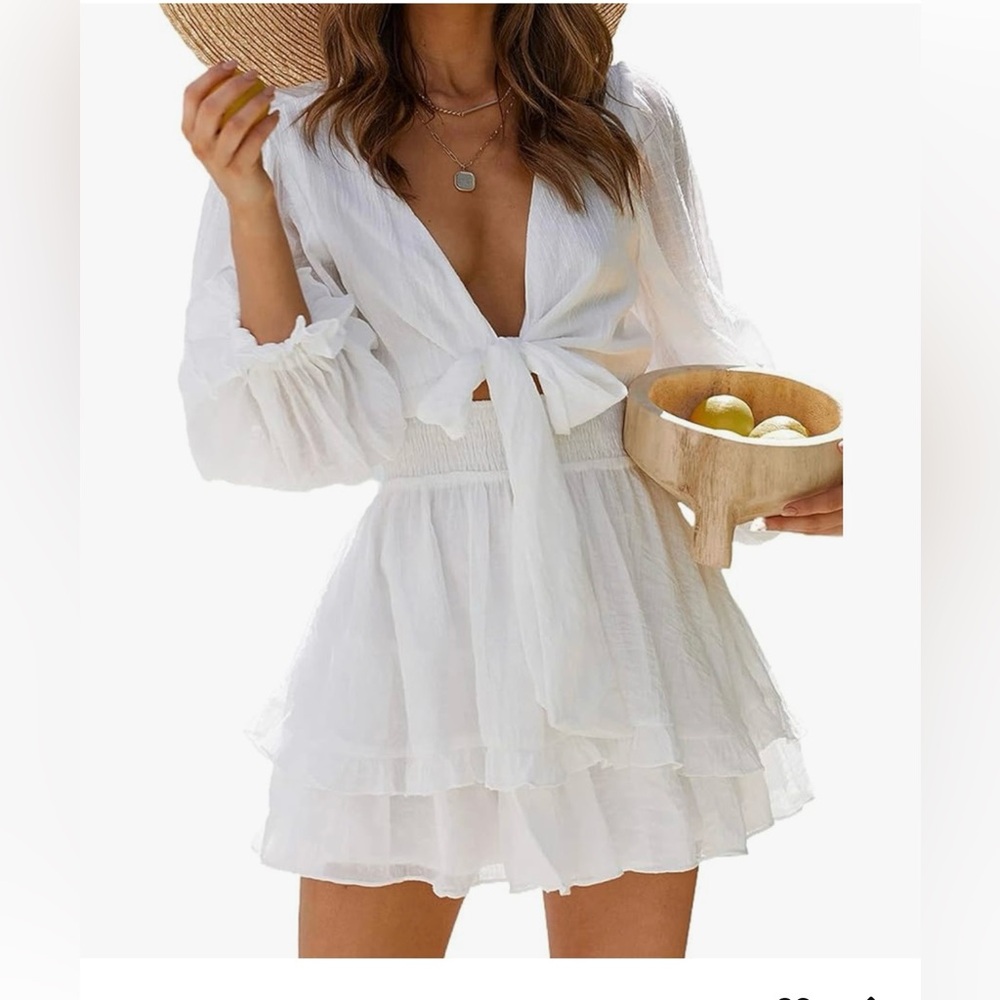 AlvaQ XL White, Knot Front V-Neck Long Sleeve Swing Dress